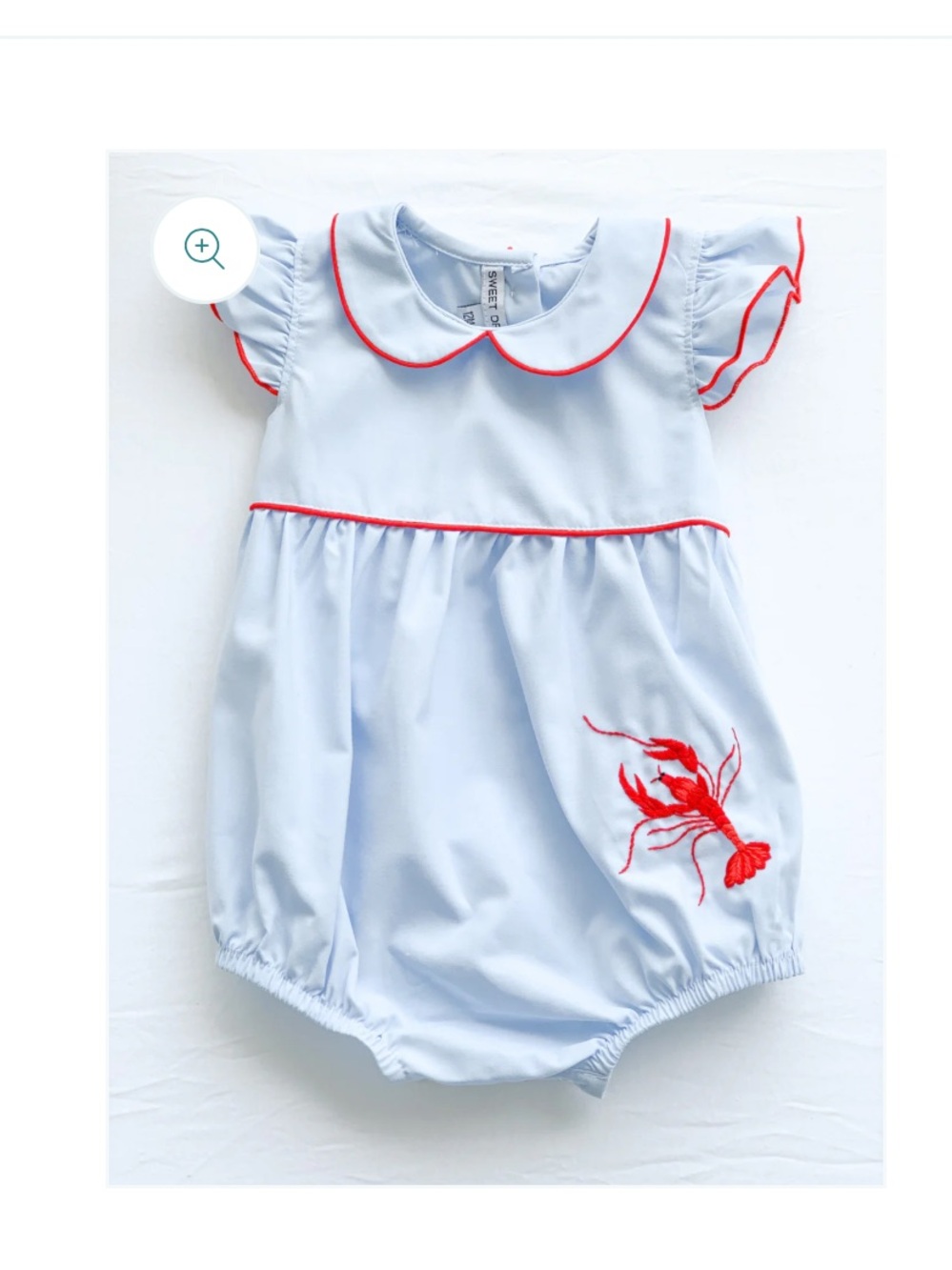 Sweet Dreams Light Blue Baby Bubble with Red Trim and Crawfish Embroidery